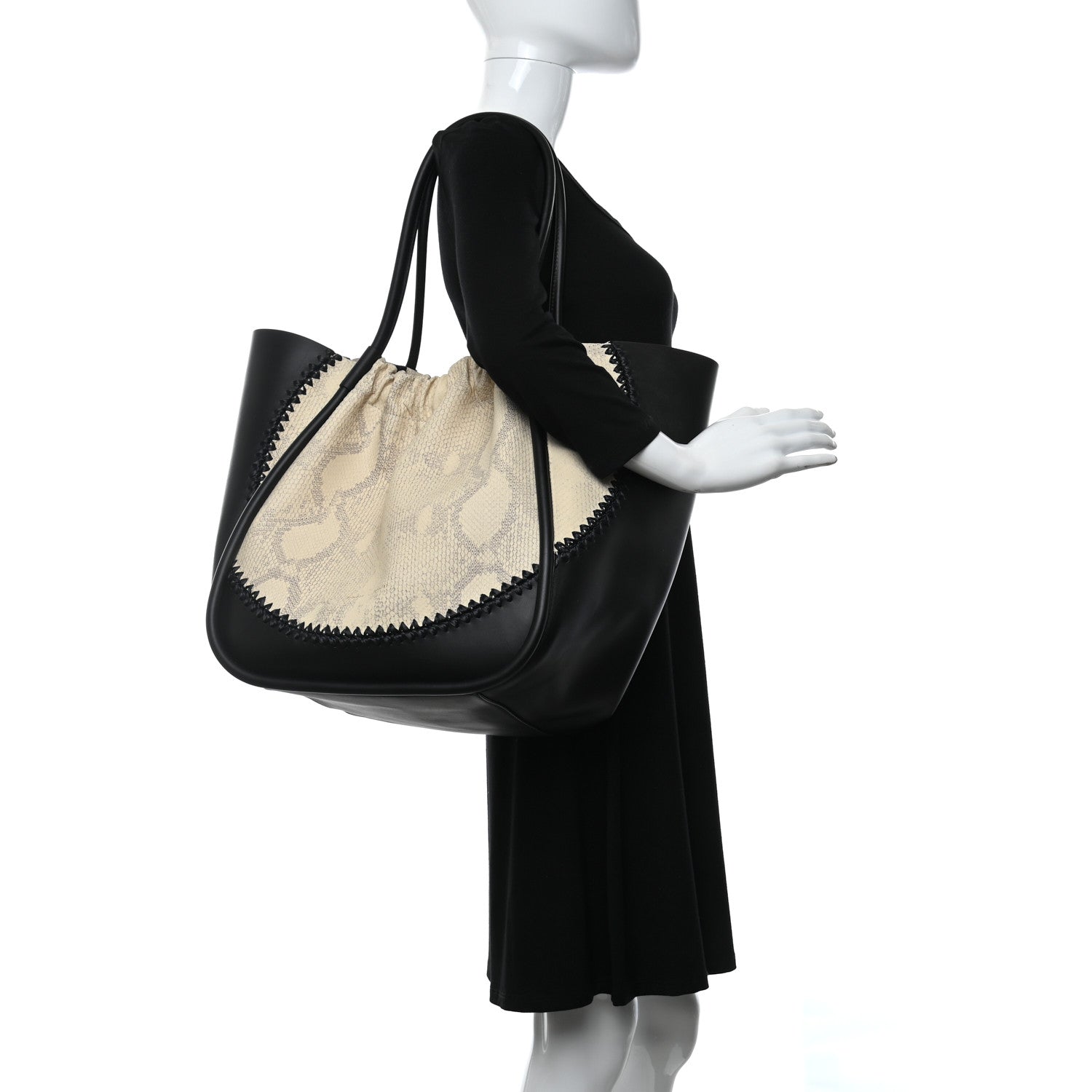 Proenza Schouler Calfskin Snakeskin Embossed XL Ruched Tote Beige Black 2 of 8