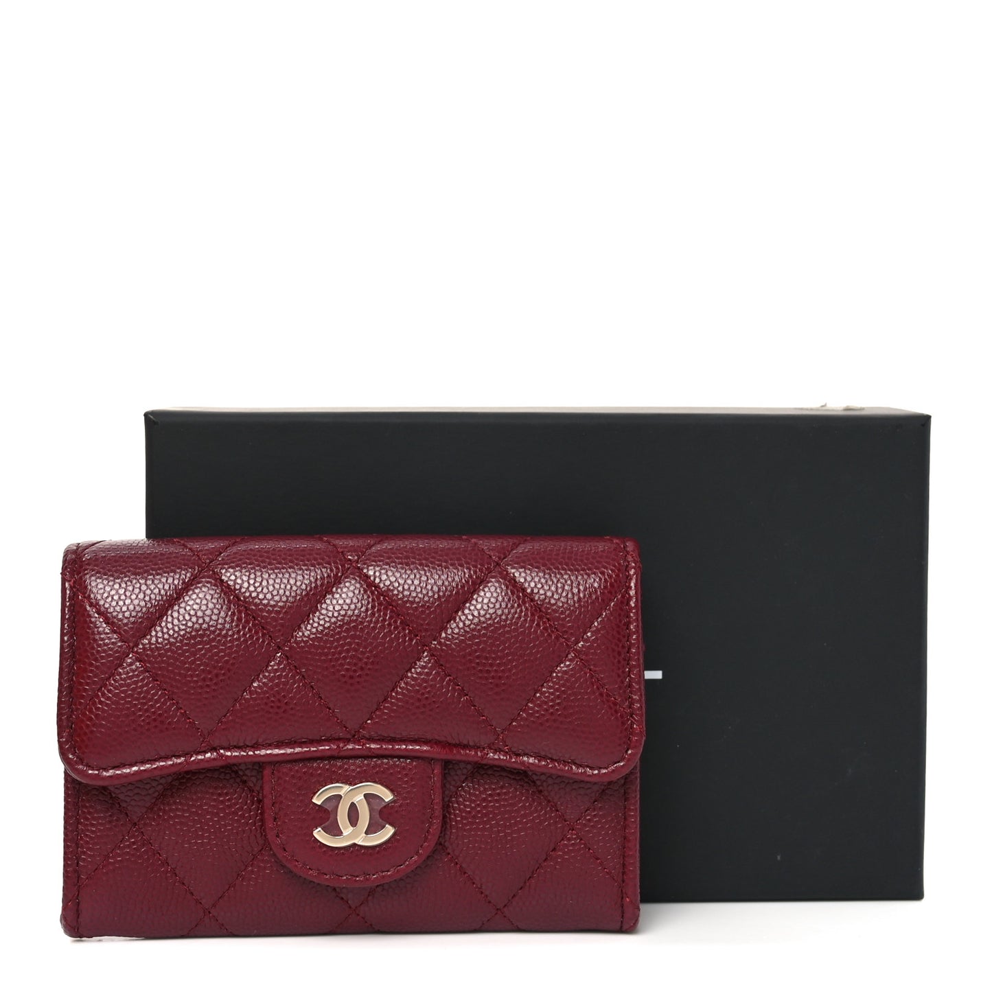 Caviar Quilted Flap Card Holder Wallet Burgundy
