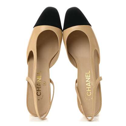 Chanel Goatskin Grosgrain Cap Toe CC Slingback Pumps 38 Beige Black 2 of 10