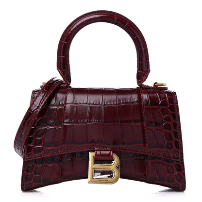 Balenciaga Shiny Calfskin Crocodile Embossed Hourglass Top Handle Bag XS Dark Red 1 of 8
