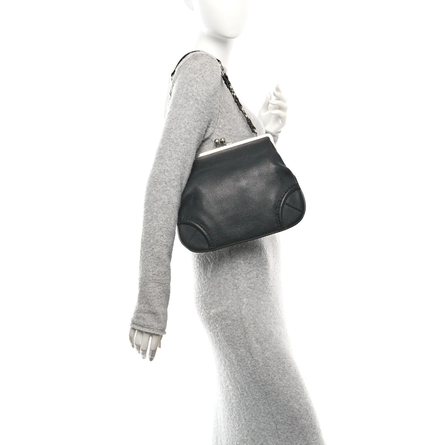 Goatskin Kiss Lock Frame Shoulder Bag Black