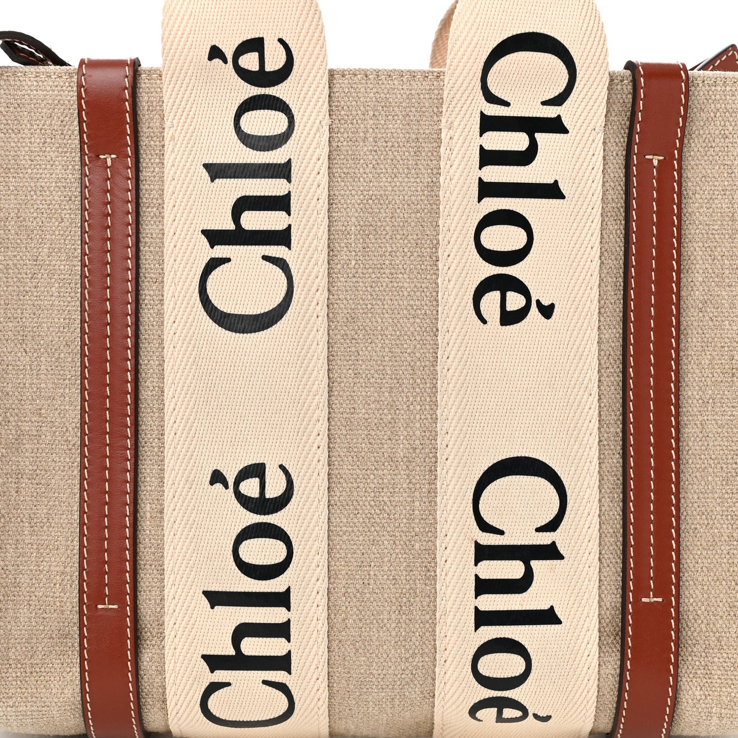 Linen Calfskin Small Woody Ribbon Tote With Strap White Brown