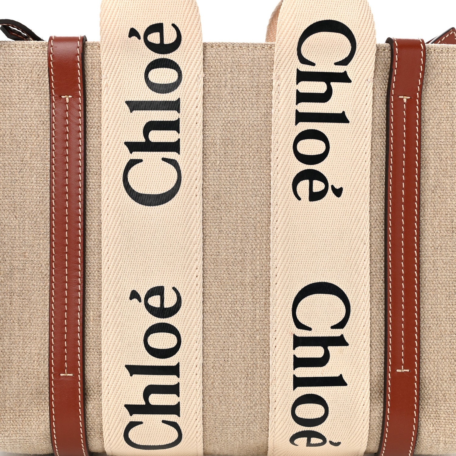 Chloe Linen Calfskin Small Woody Ribbon Tote With Strap White Brown 8 of 10