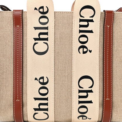 Chloe Linen Calfskin Small Woody Ribbon Tote With Strap White Brown 8 of 10