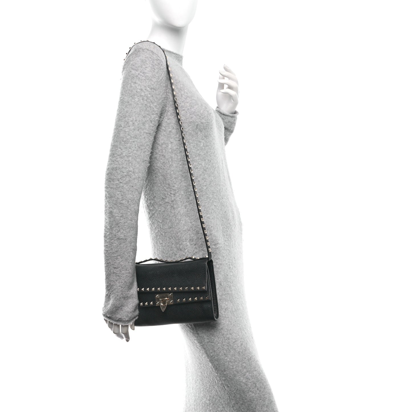 Grainy Calfskin Rockstud Double Flap Crossbody Bag Black