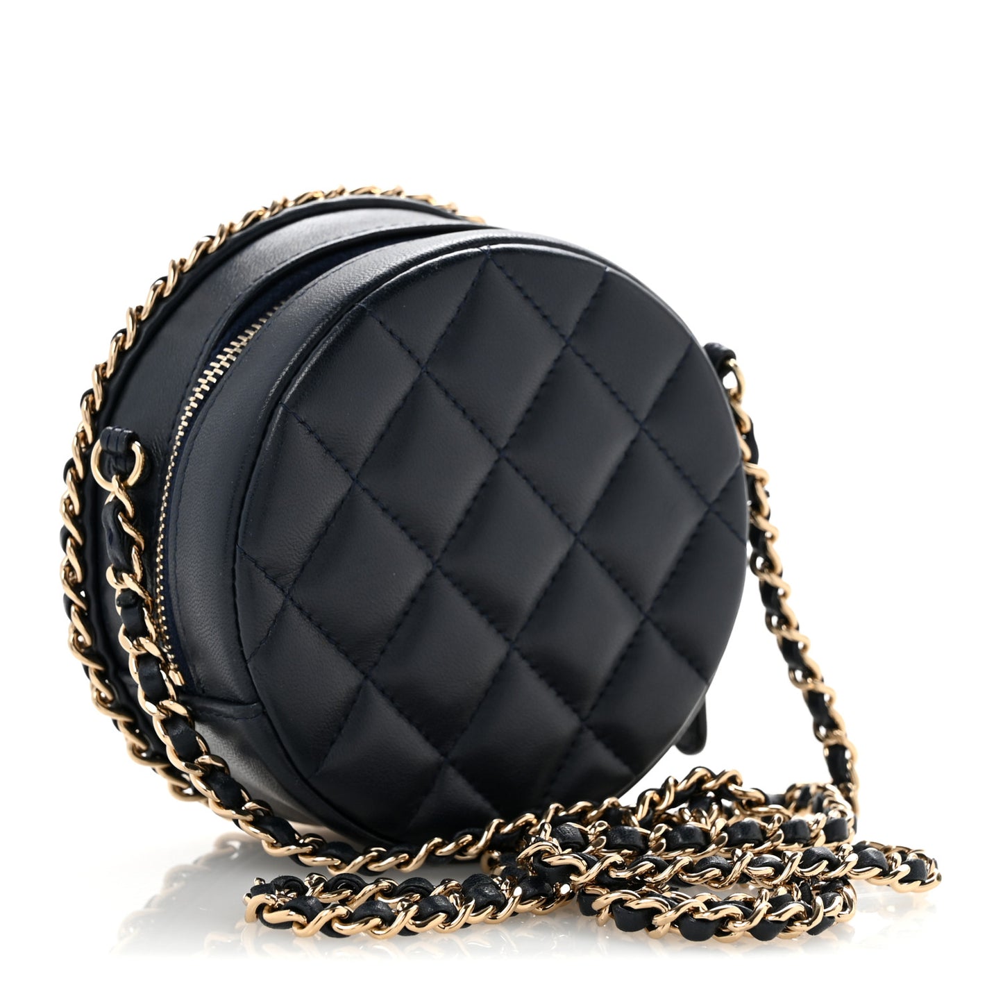 Lambskin Quilted Chain Around CC Round Clutch With Chain Navy