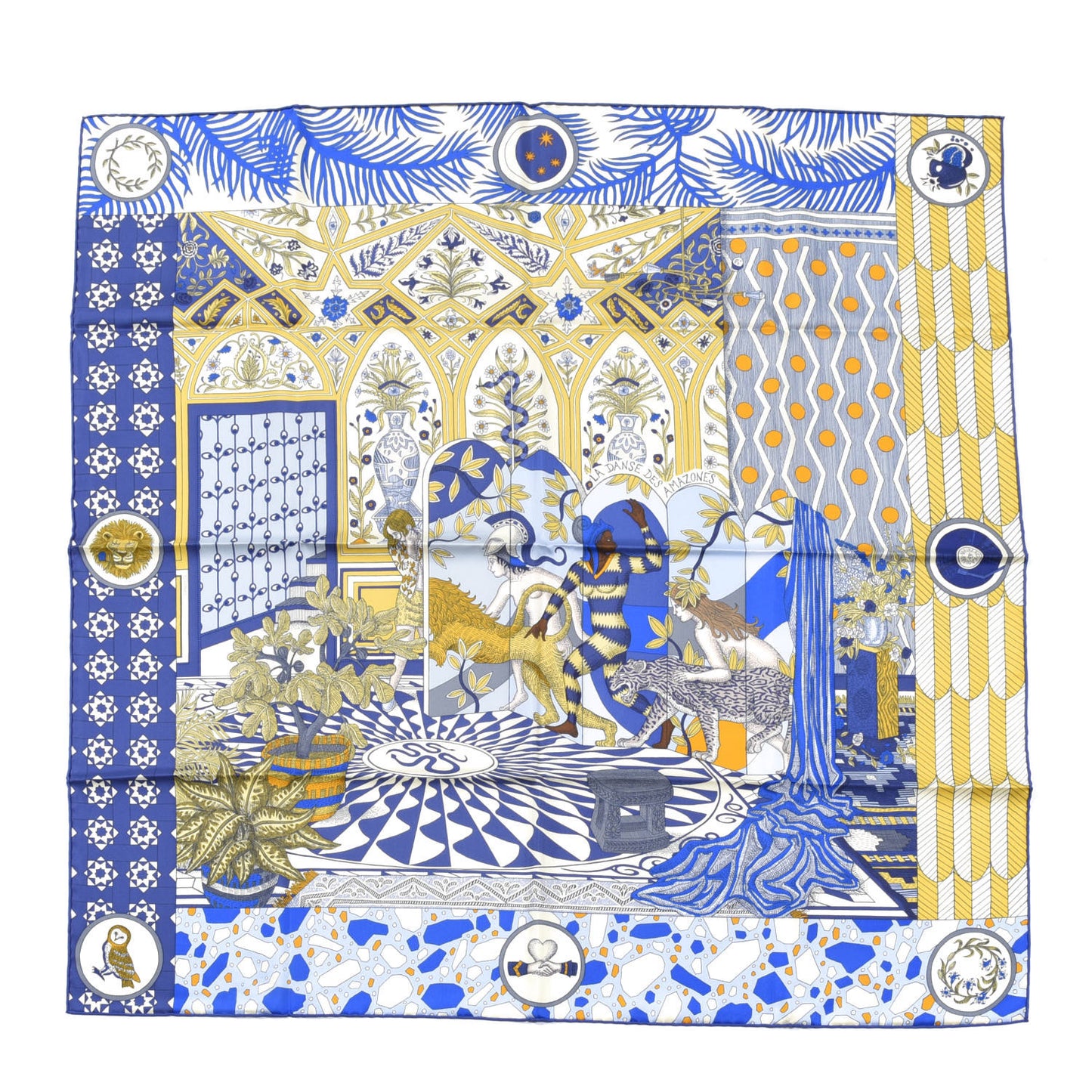 Silk La Danse Des Amazones Scarf 90 Bleu Roy Gold Creme