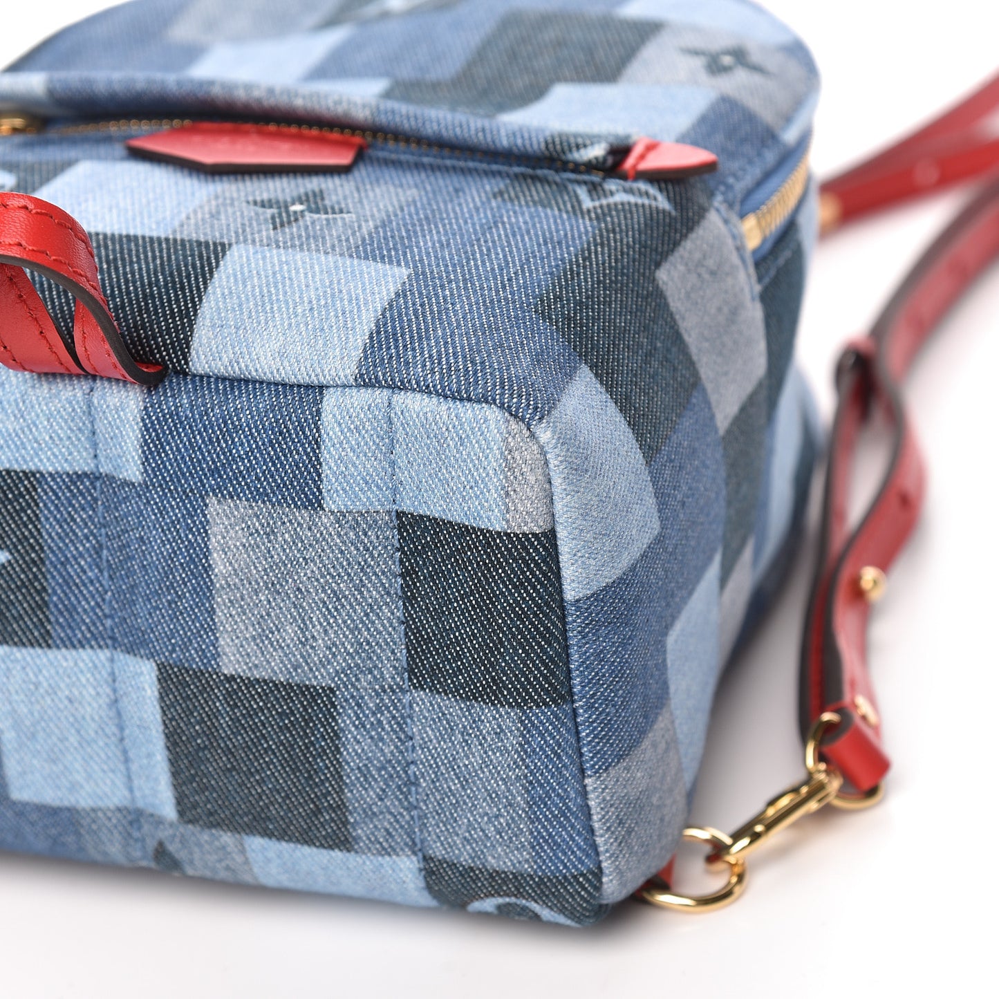 Denim Damier Monogram Patchwork Palm Springs Backpack Mini Blue Rouge
