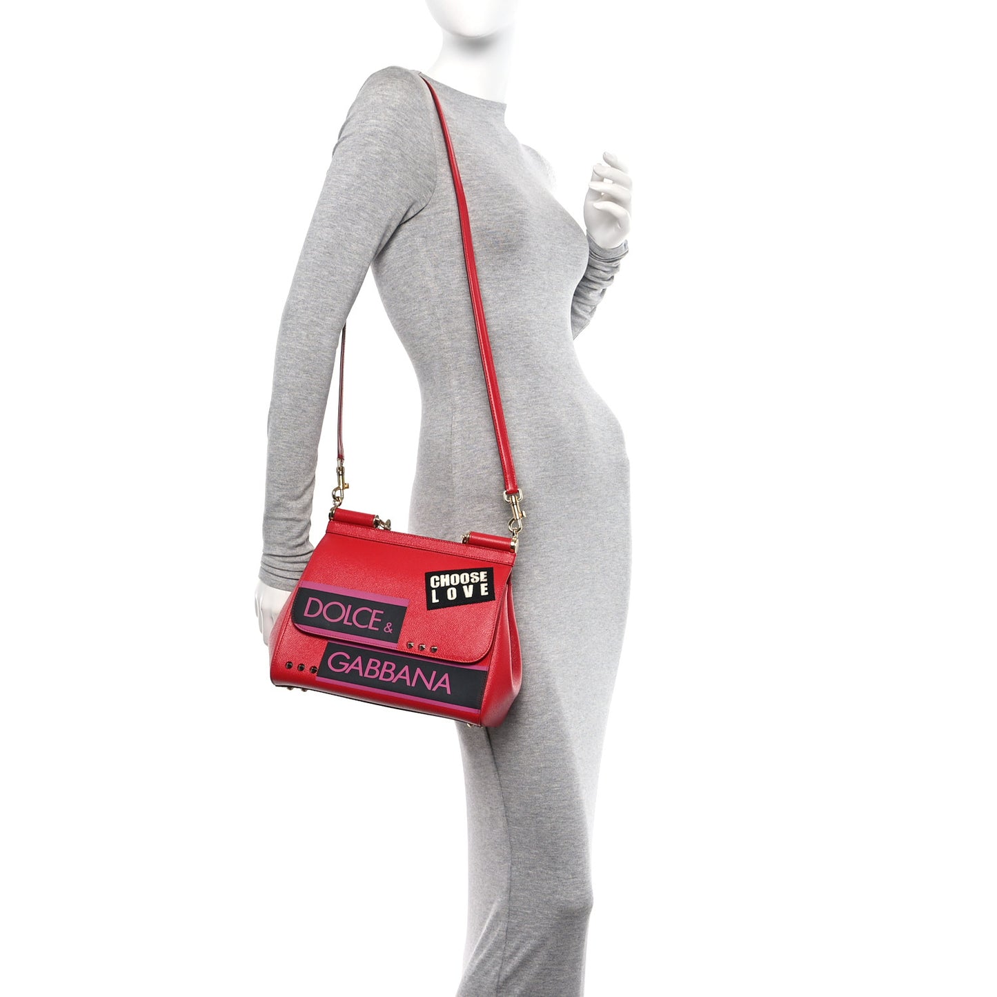 DOLCE &amp; GABBANA Dauphine Love Studded Medium Miss Sicily Satchel Red