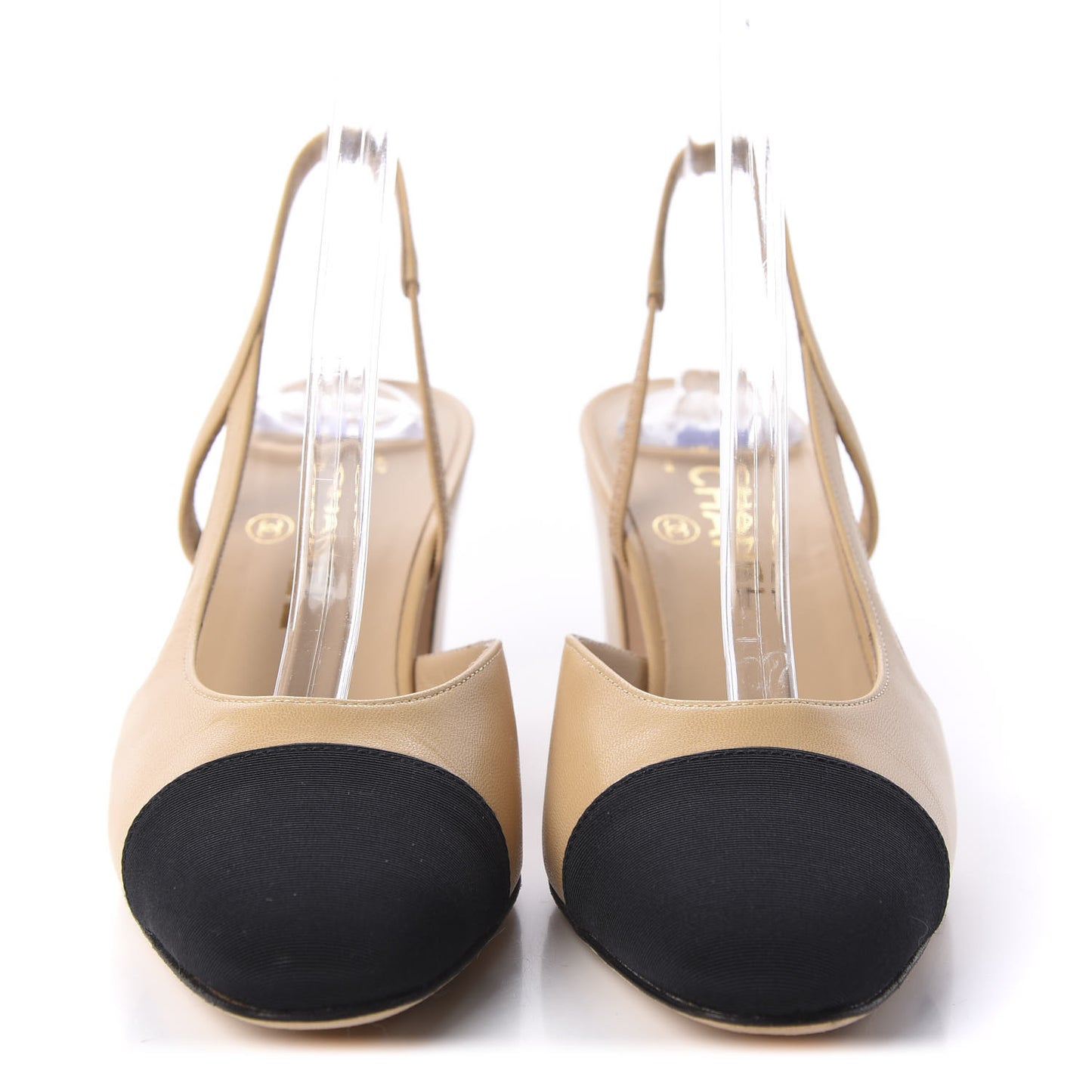 Goatskin Grosgrain Cap Toe CC Slingback Pumps 37.5 Beige Black