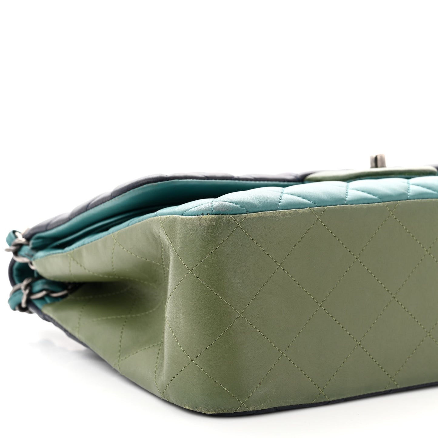 Lambskin Quilted Tri-Color Jumbo Double Flap Navy Blue Green