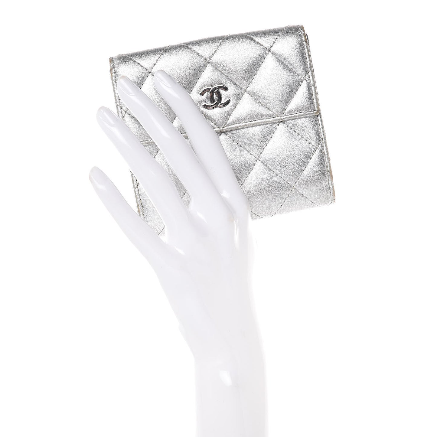 Metallic Lambskin Quilted Compact French Flap Wallet Silver