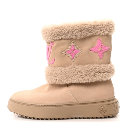 Louis Vuitton Suede Calfskin Shearling Snowdrop Flat Ankle Boot 37 Beige 1 of 10