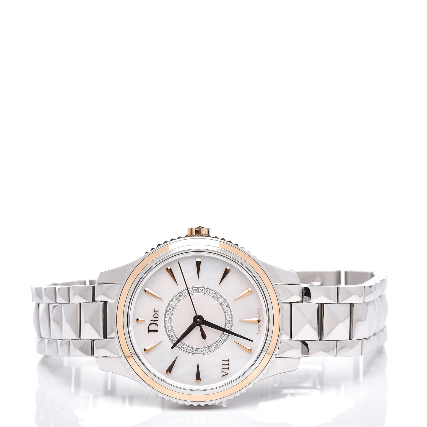 Stainless Steel 18K Rose Gold Diamond Mother of Pearl 32mm Dior VIII Montaigne Quartz Watch