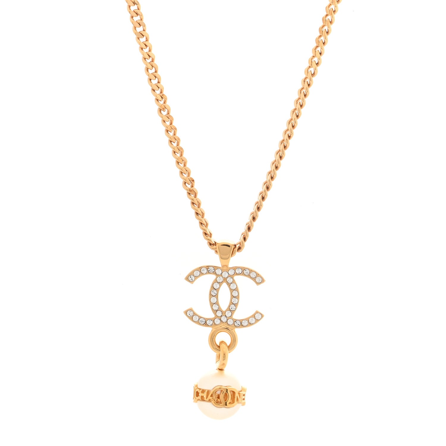 Chanel Crystal CC Pearl Drop Necklace Gold 1 of 4