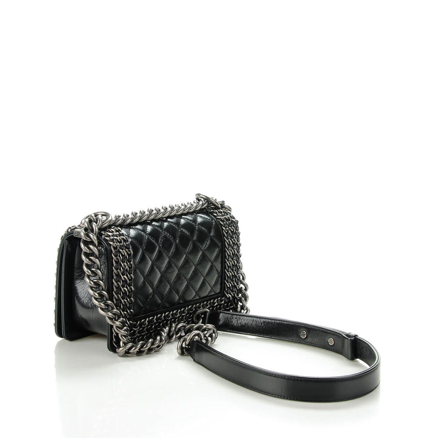 Glazed Calfskin Small Boy Chained Flap Black