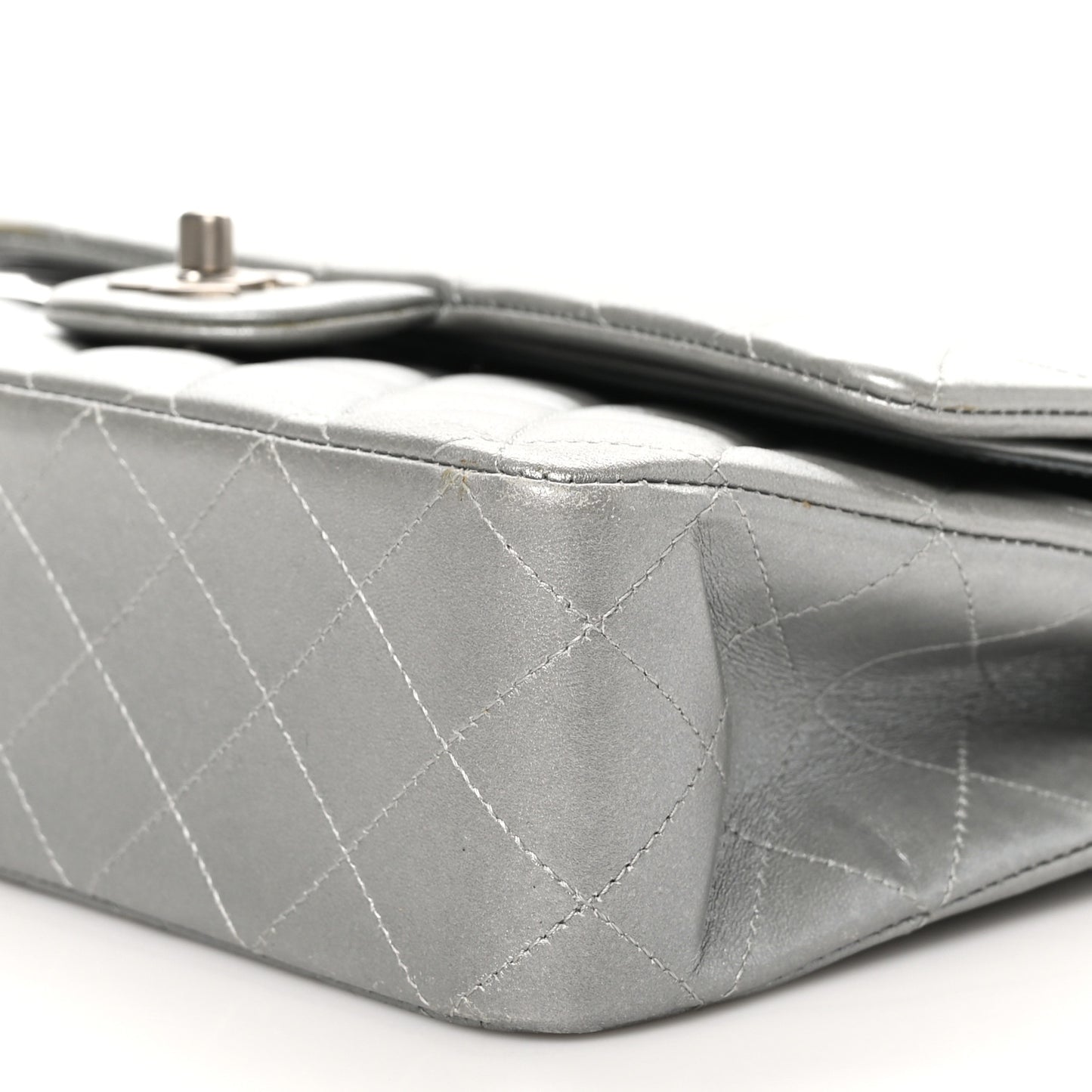 Metallic Lambskin Quilted Medium Double Flap Silver
