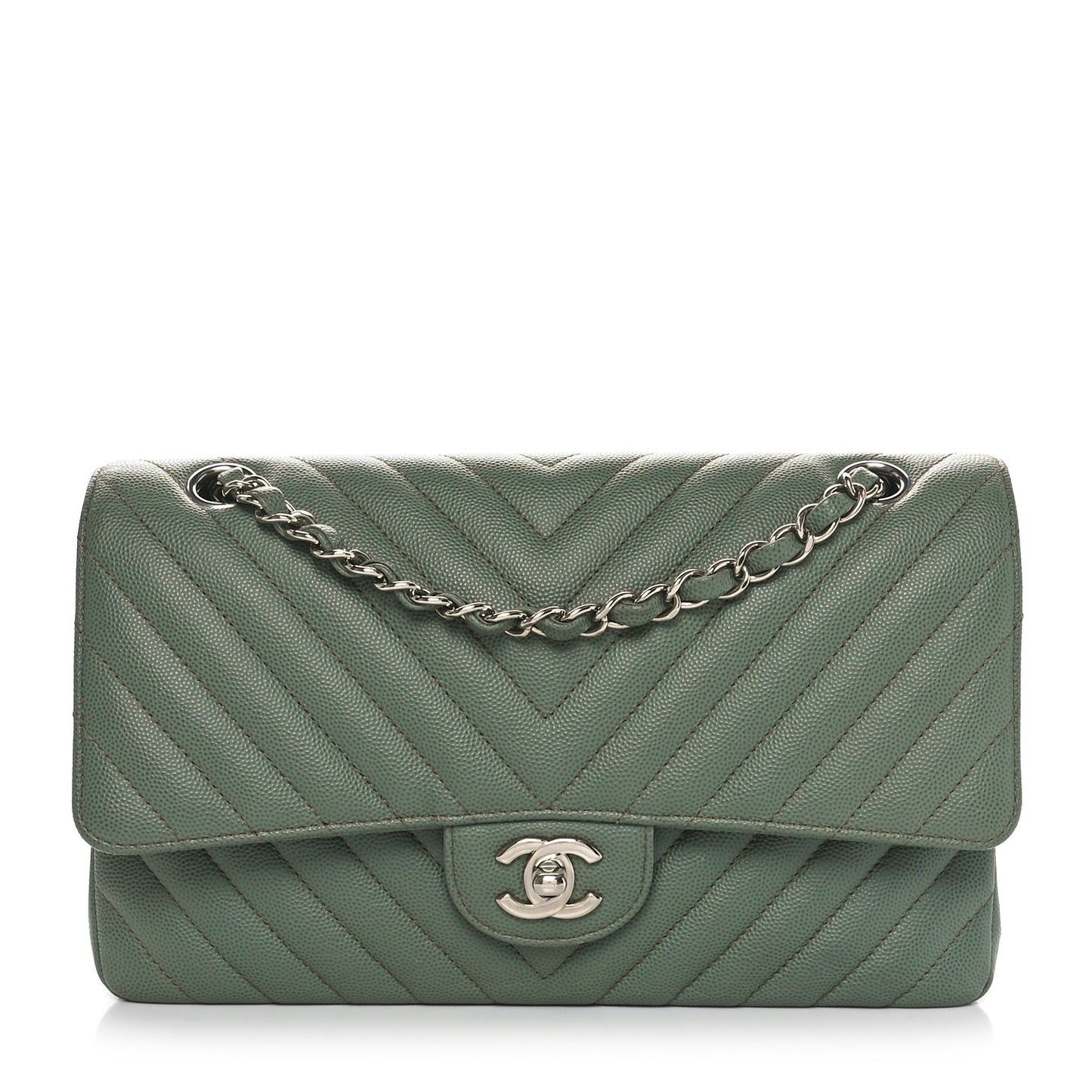 Caviar Chevron Quilted Medium Double Flap  Green