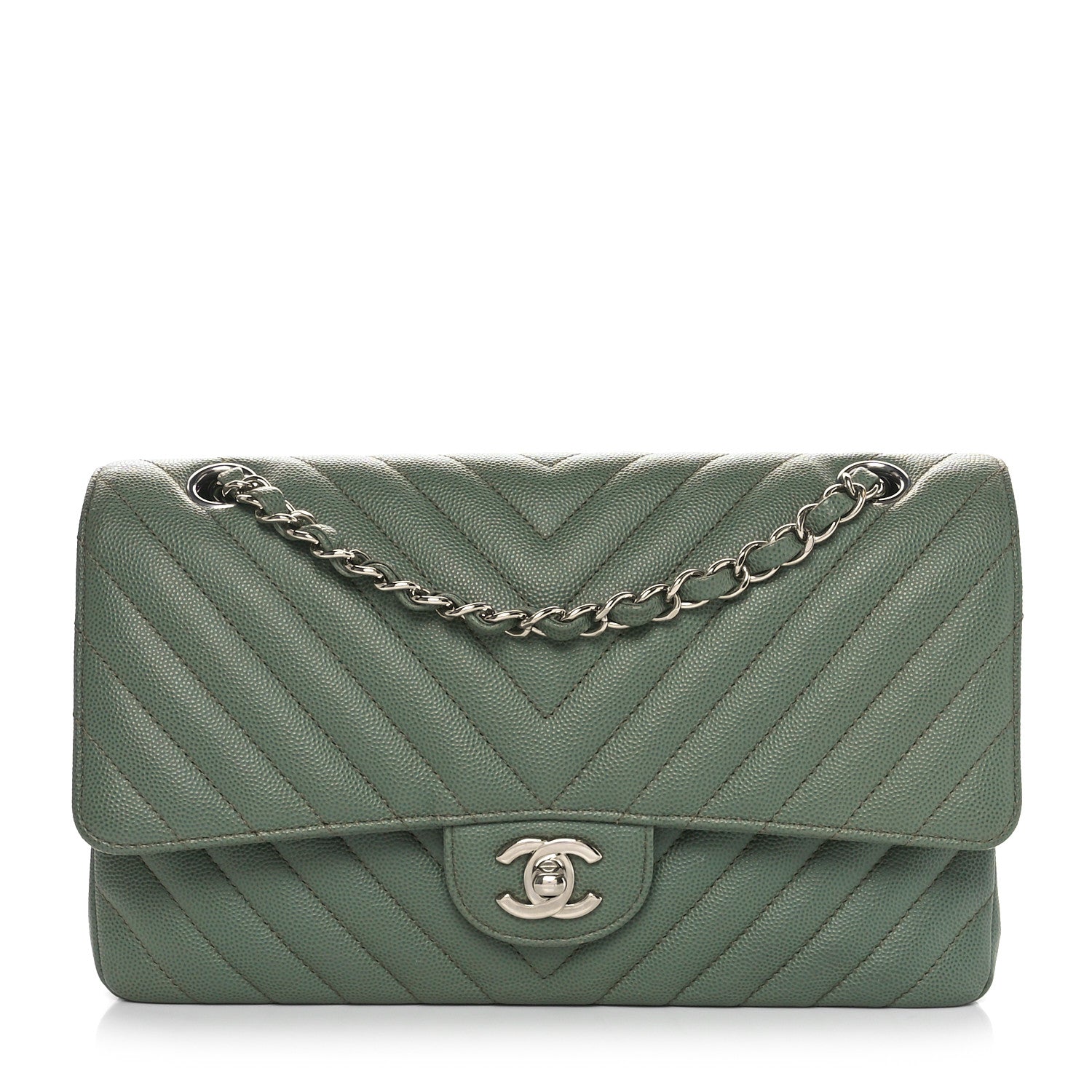 Chanel Caviar Chevron Quilted Medium Double Flap  Green 1 of 10