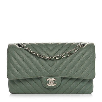 Chanel Caviar Chevron Quilted Medium Double Flap  Green 1 of 10