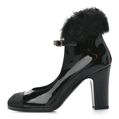 Chanel Patent Shearling Lambskin Cap Toe Mary Jane Pumps 39 Black 1 of 9