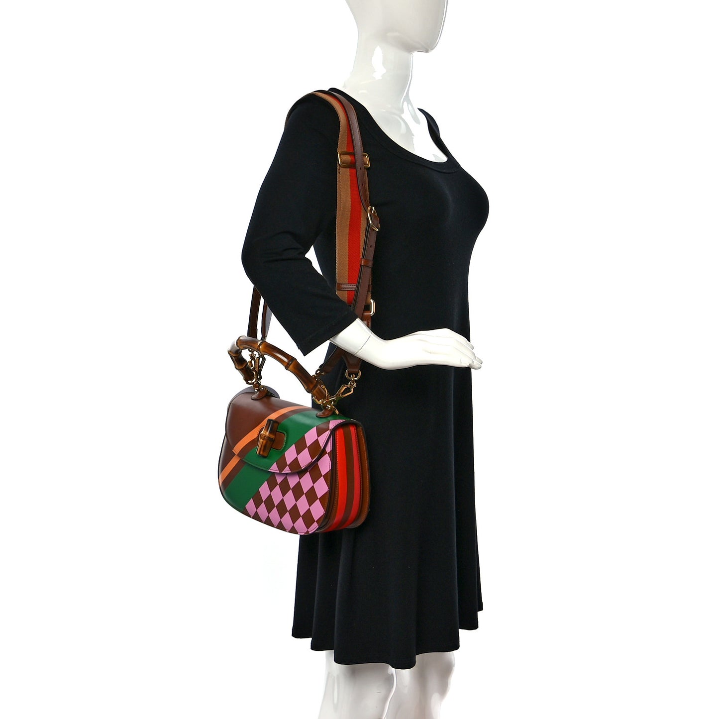 Calfskin Geometric Print Medium Bamboo 1947 Top Handle Bag Brown
