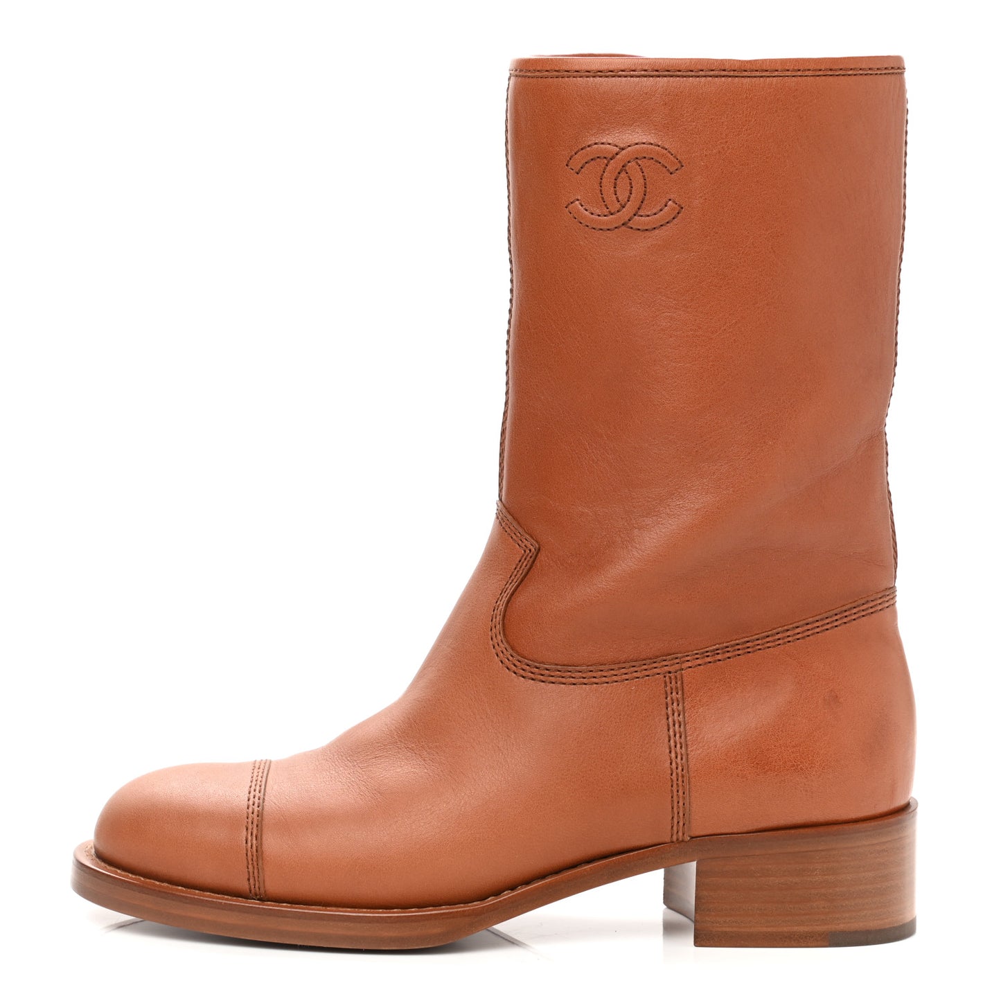 Calfskin CC Logo Mid Calf Boots 39 Caramel