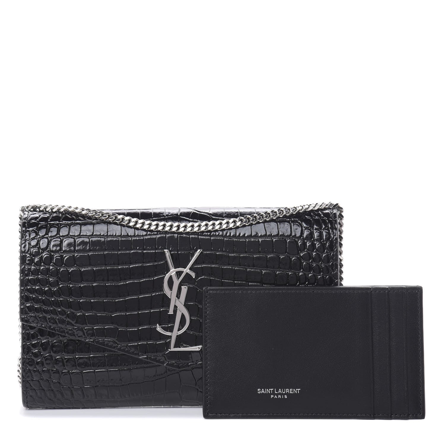 Saint Laurent Calfskin Crocodile Embossed Monogram Uptown Chain Wallet Black 1 of 12
