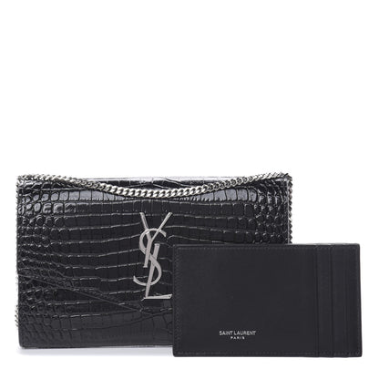 Saint Laurent Calfskin Crocodile Embossed Monogram Uptown Chain Wallet Black 1 of 12