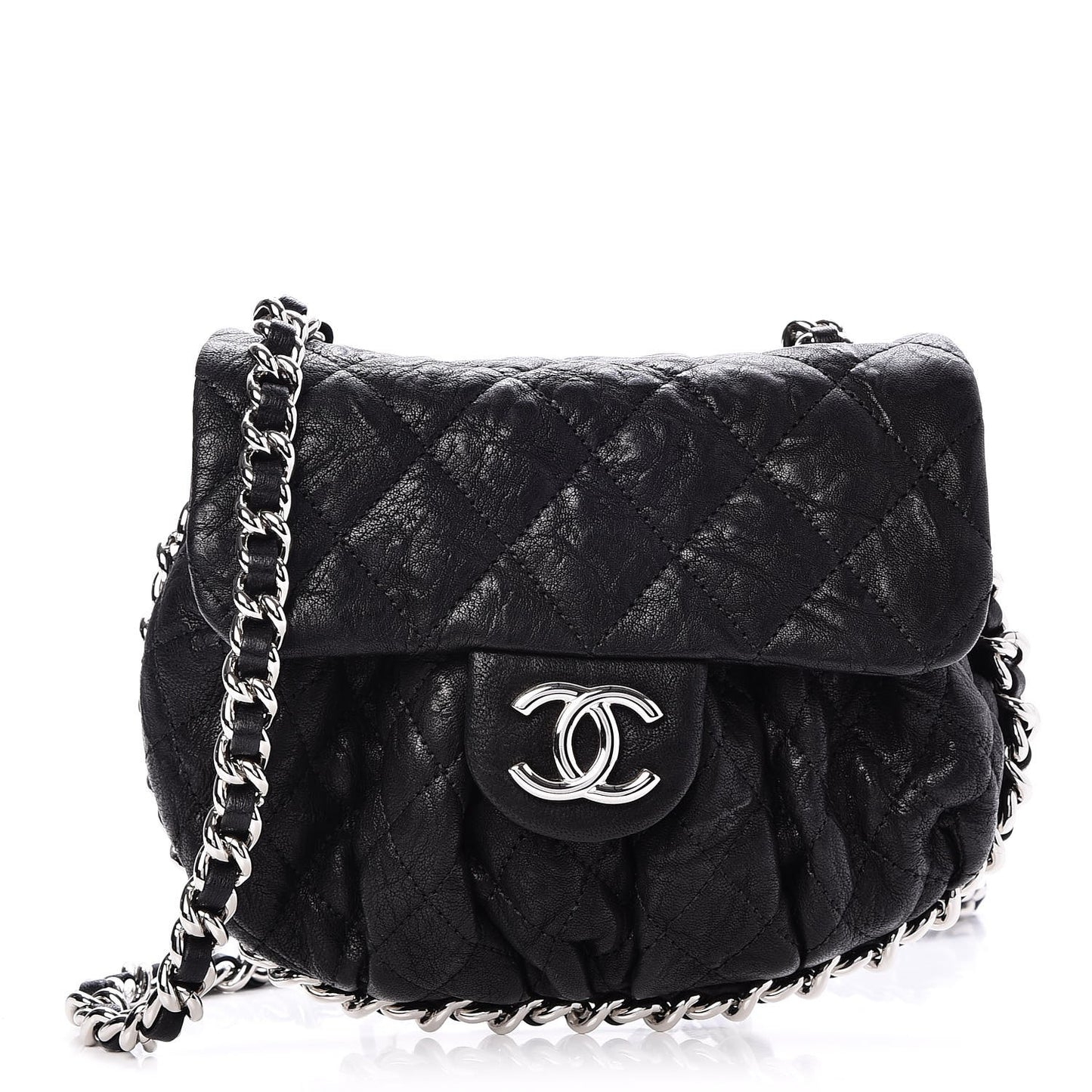 Washed Lambskin Quilted Mini Chain Around Flap Black