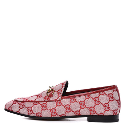 Gucci Canvas GG Monogram Horsebit Womens Jordaan Loafers 39 Gardenia Hibiscus Red 1 of 9