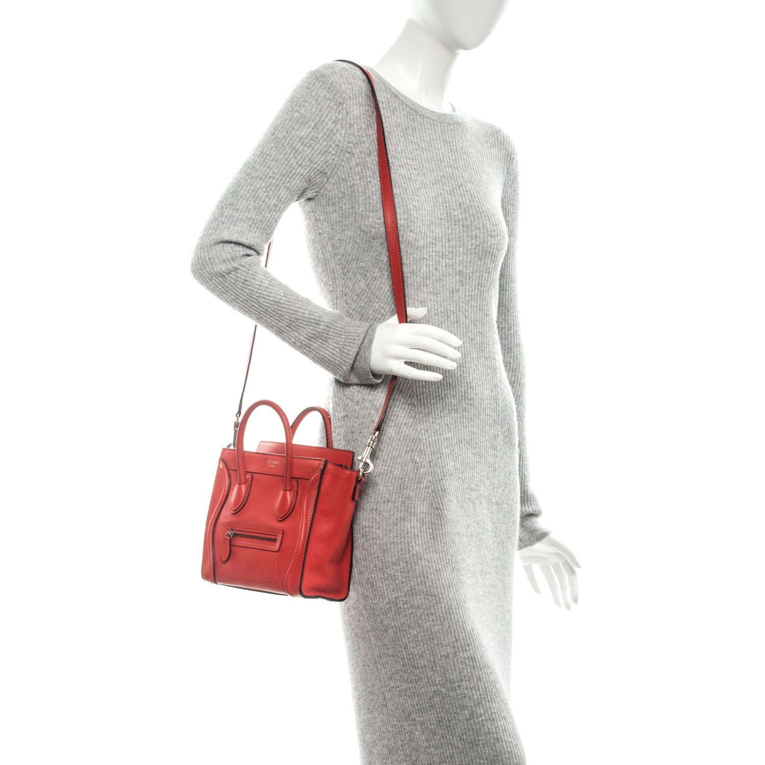 Celine Drummed Calfskin Nano Luggage Vermillion 2 of 6