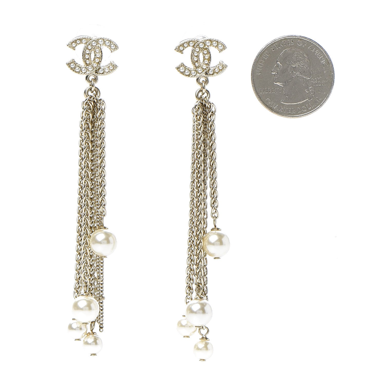 Chanel Pearl Chain CC Dangle Earrings Gold 2 of 5