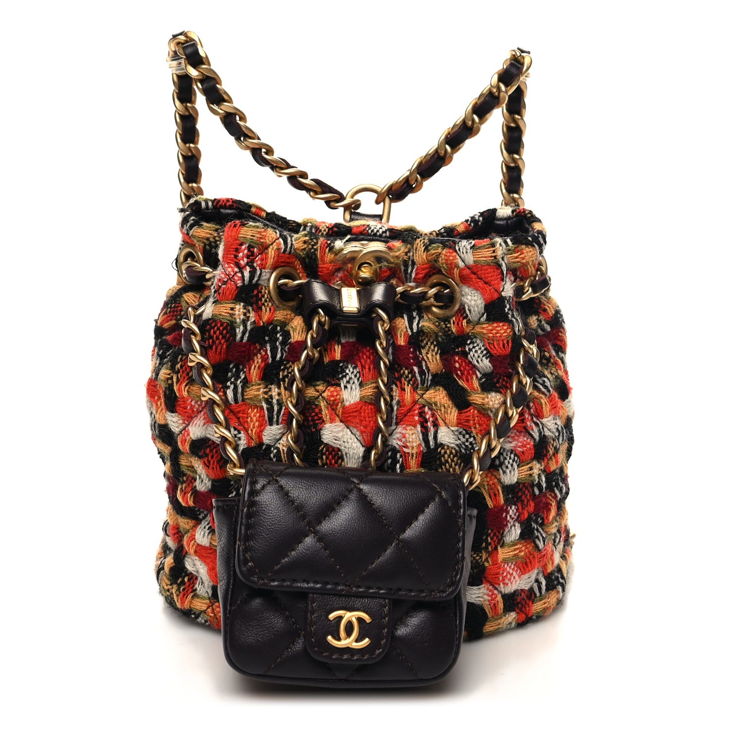 Tweed Quilted Small CC Chain Bucket Backpack Orange Multicolor