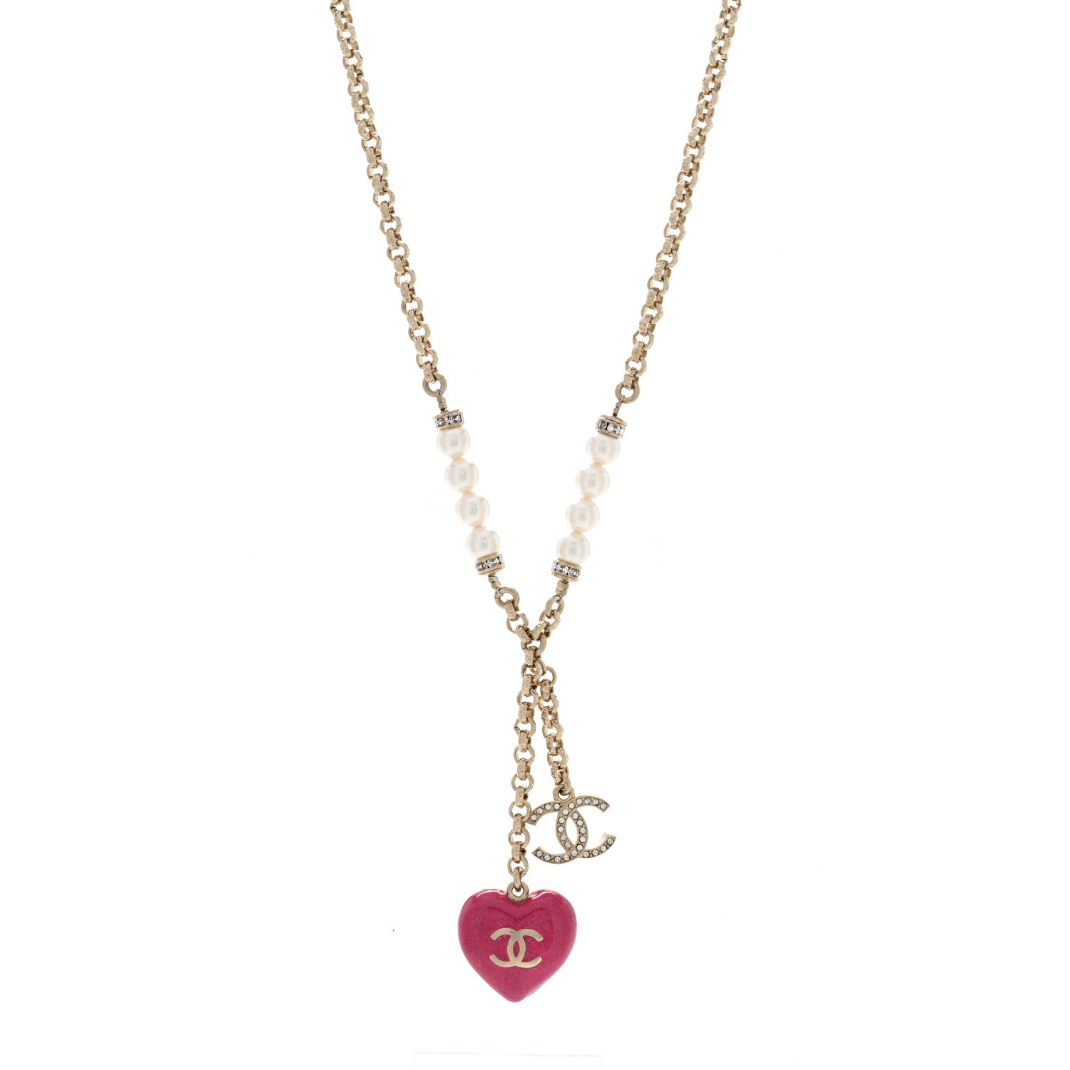 Chanel Resin Crystal Pearl Chain Heart CC Pendant Necklace Pink White Gold 1 of 4