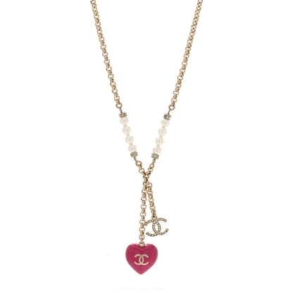 Chanel Resin Crystal Pearl Chain Heart CC Pendant Necklace Pink White Gold 1 of 4