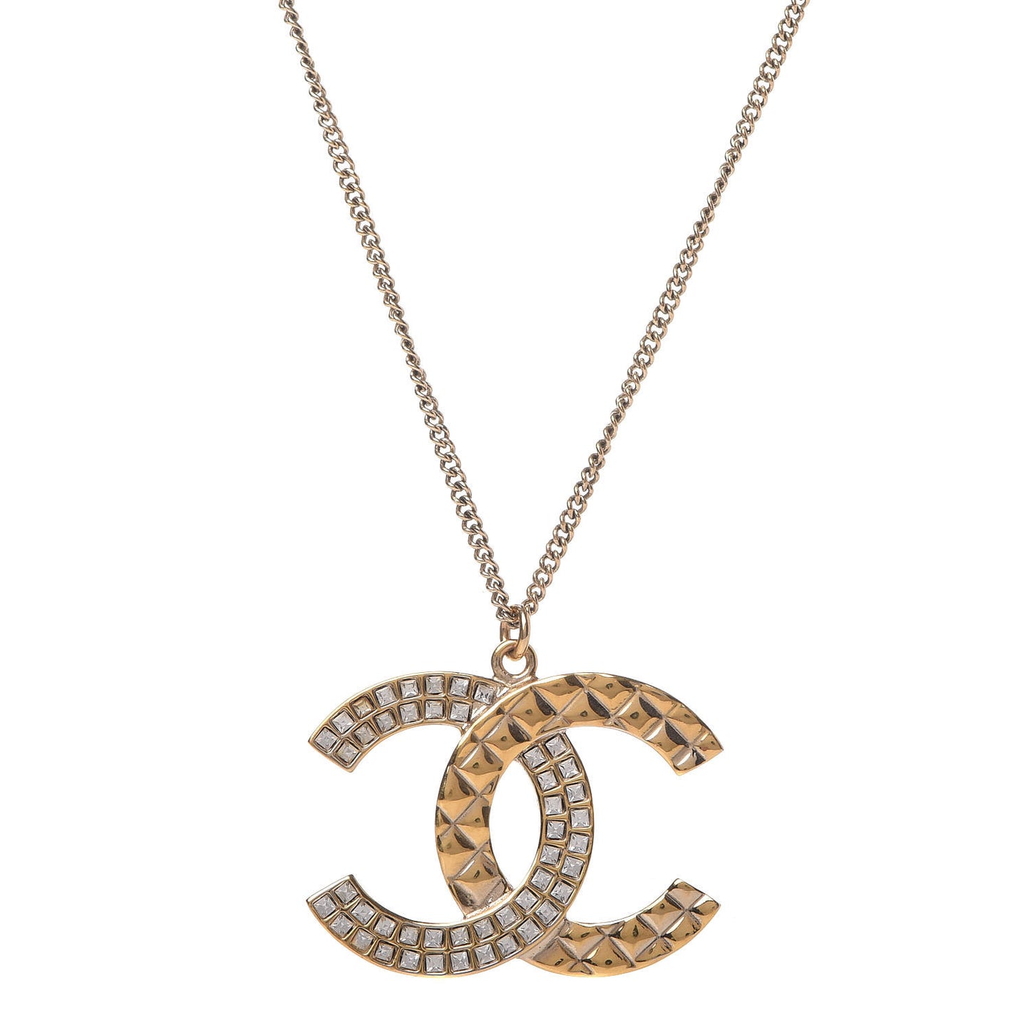 Baguette Crystal Quilted CC Pendant Necklace Gold