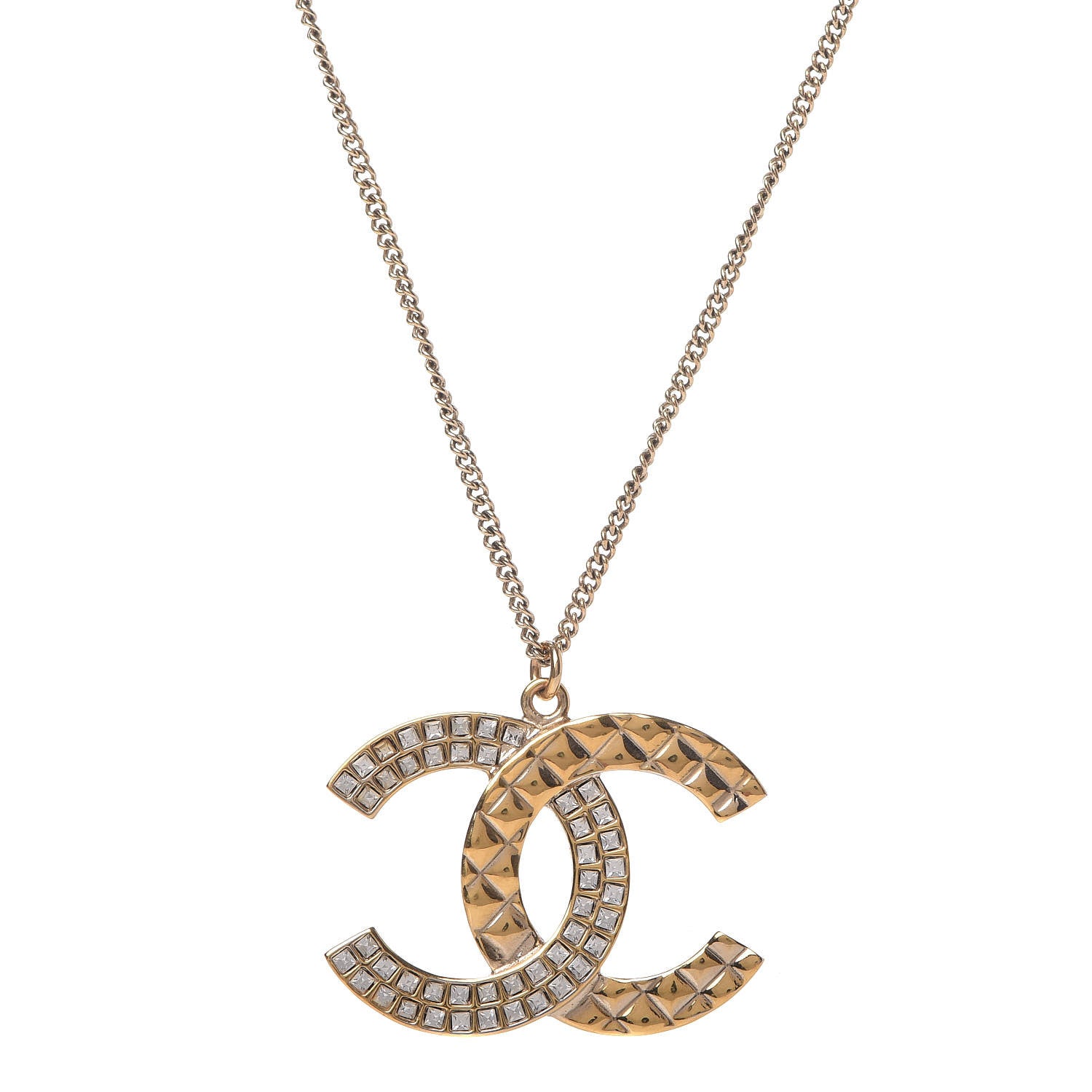 Chanel Baguette Crystal Quilted CC Pendant Necklace Gold 1 of 4