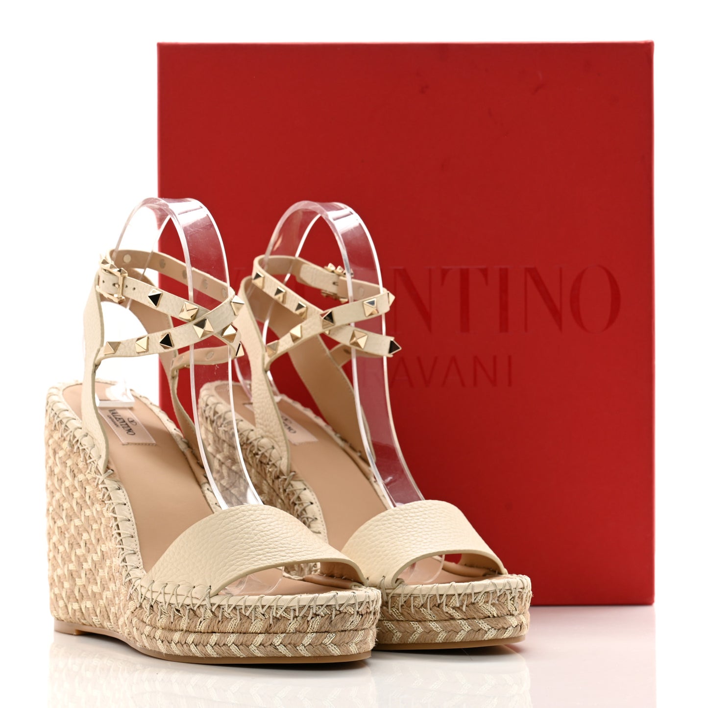 Grained Calfskin Rockstud Crisscross Ankle Strap Espadrille Wedge Sandals 41 Light Ivory