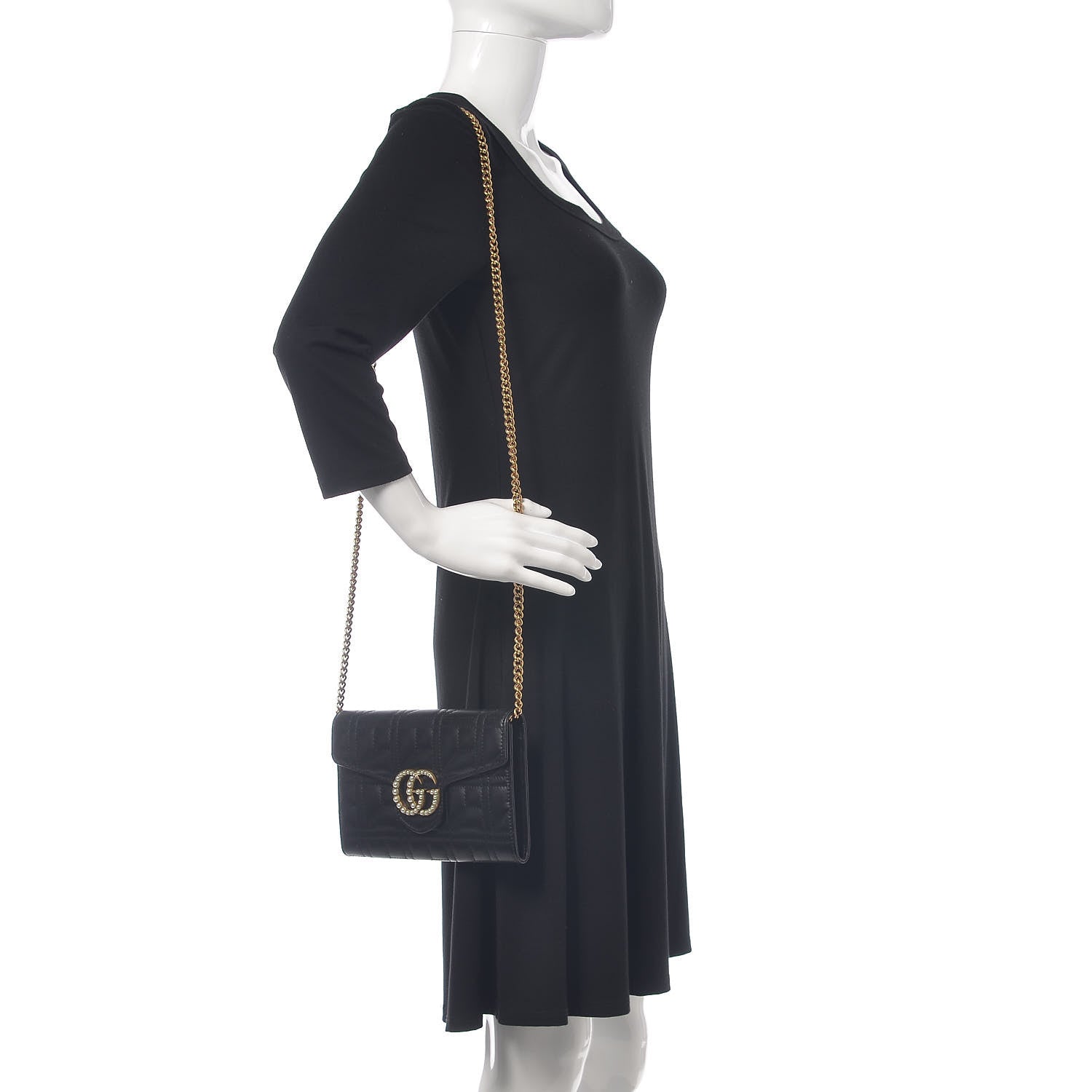 Gucci Calfskin Matelasse Mini Pearly GG Marmont Chain Wallet Black 2 of 12