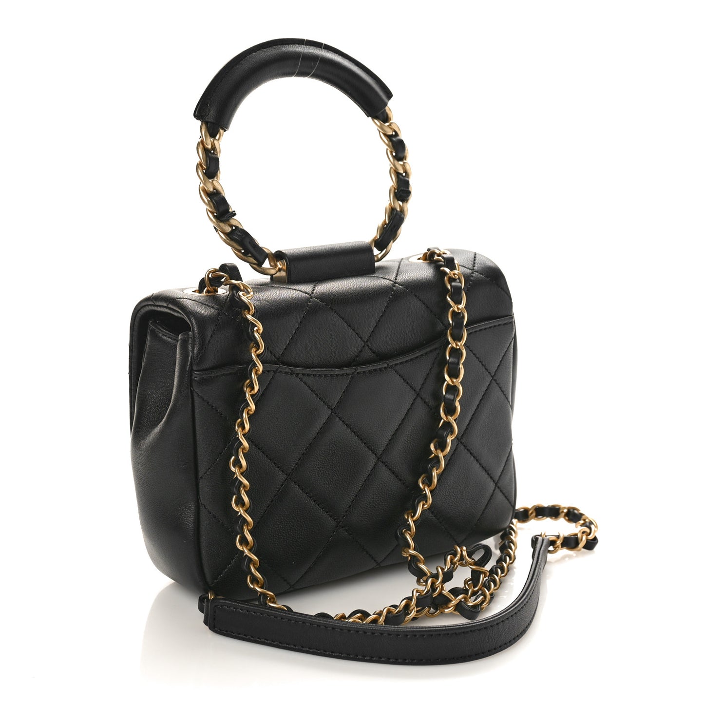 Lambskin Quilted Small Circular Handle Bag Black