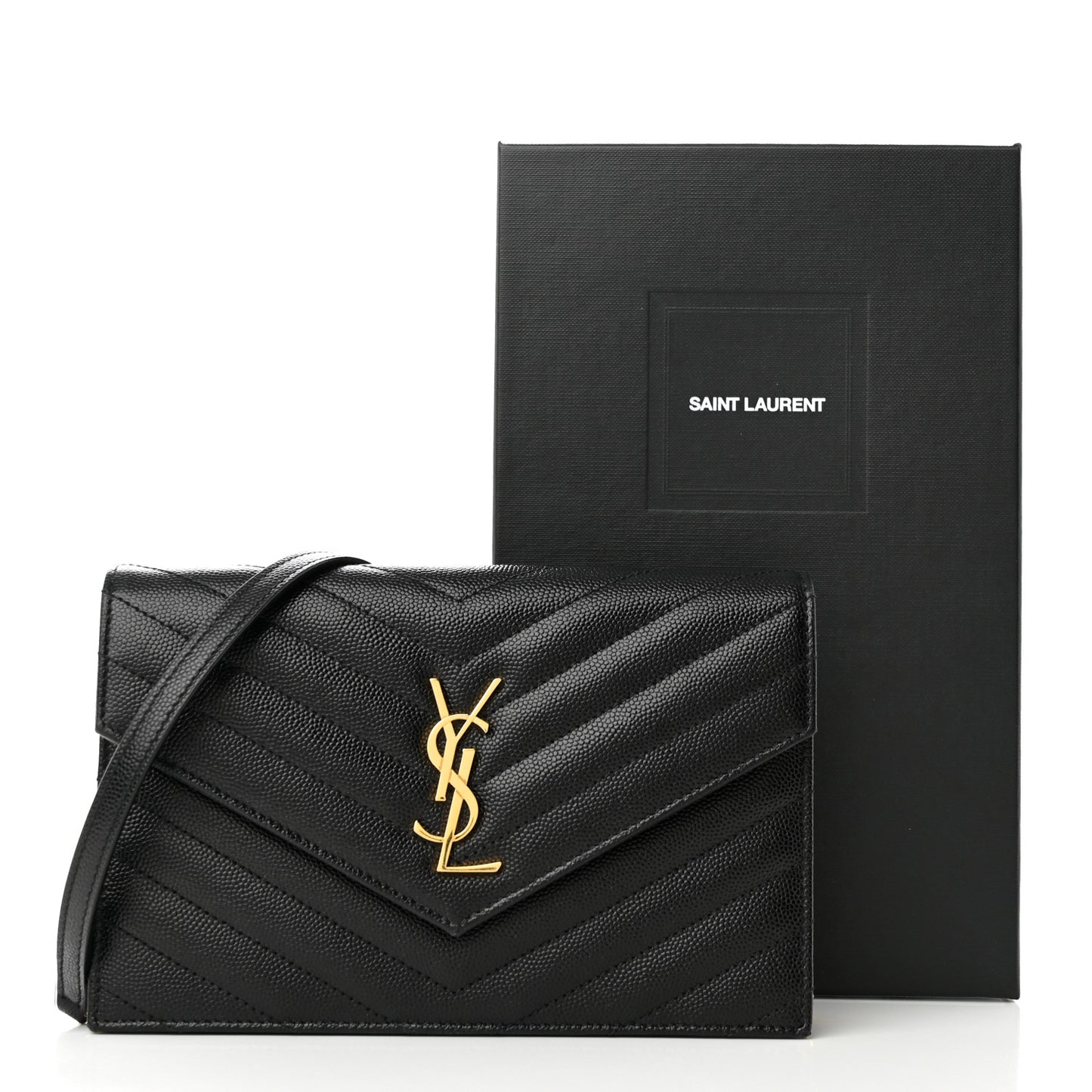 Grain De Poudre Matelasse Chevron Monogram Envelope Chain Wallet Black