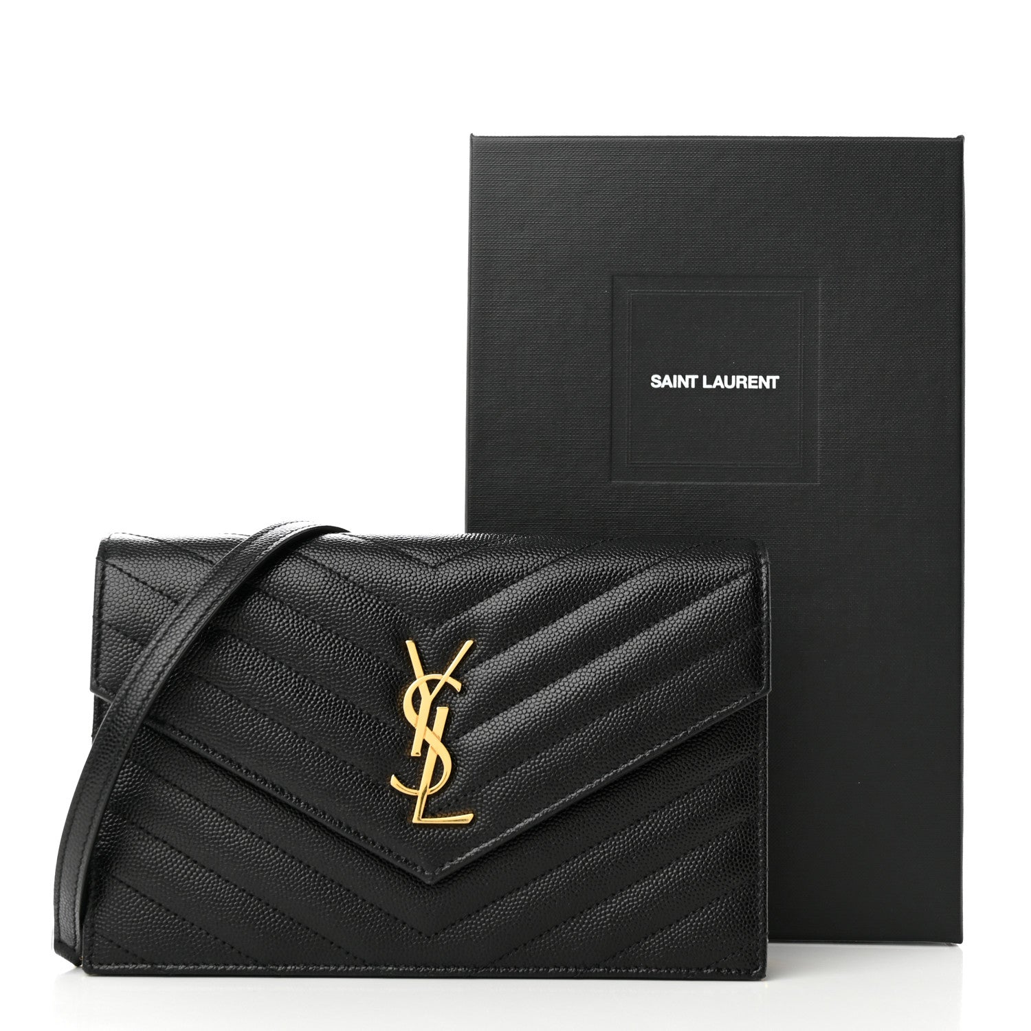 Saint Laurent Grain De Poudre Matelasse Chevron Monogram Envelope Chain Wallet Black 11 of 11