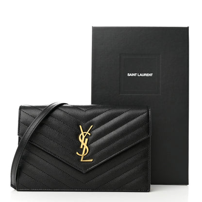 Saint Laurent Grain De Poudre Matelasse Chevron Monogram Envelope Chain Wallet Black 11 of 11