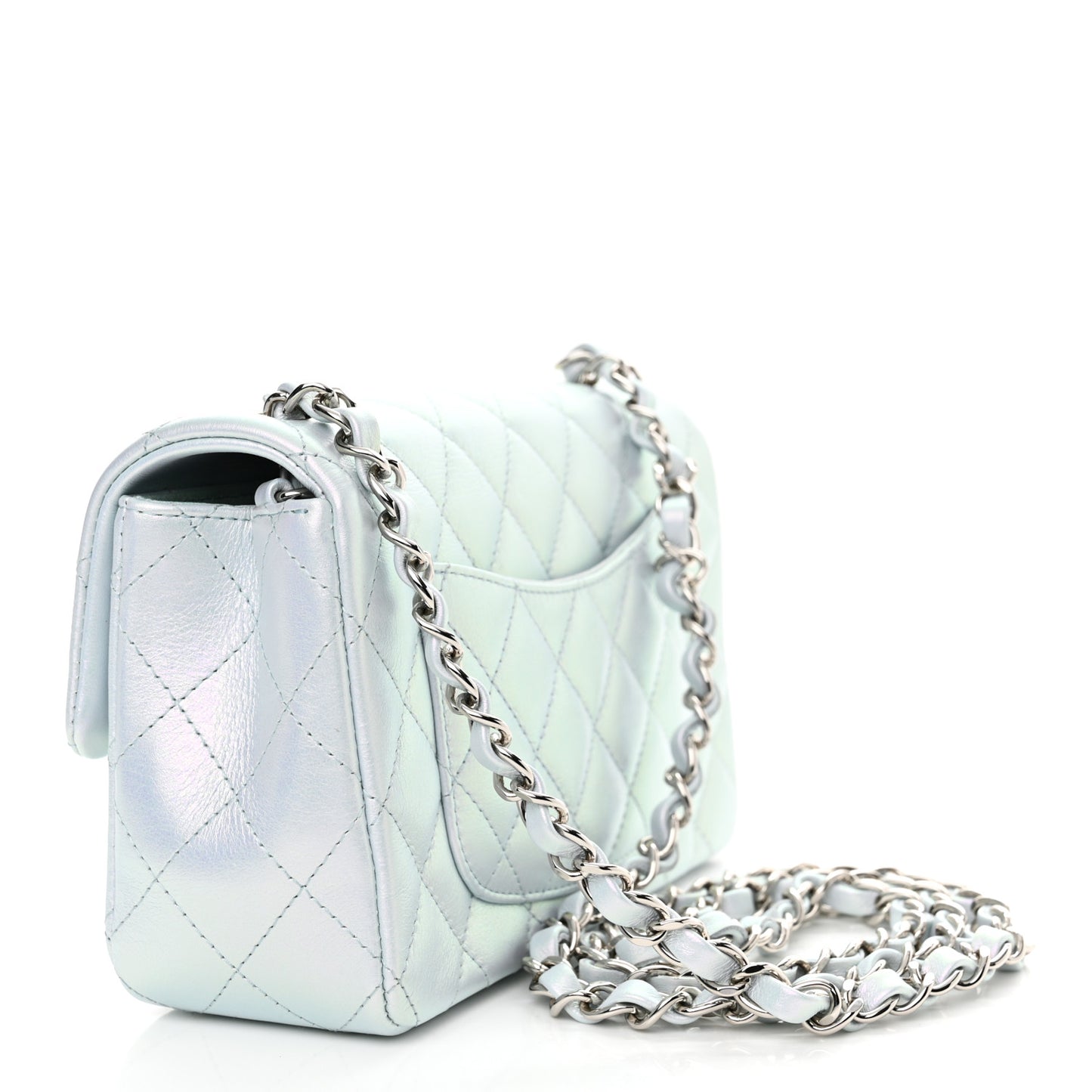 Iridescent Calfskin Quilted Mini Rectangular Flap Light Blue