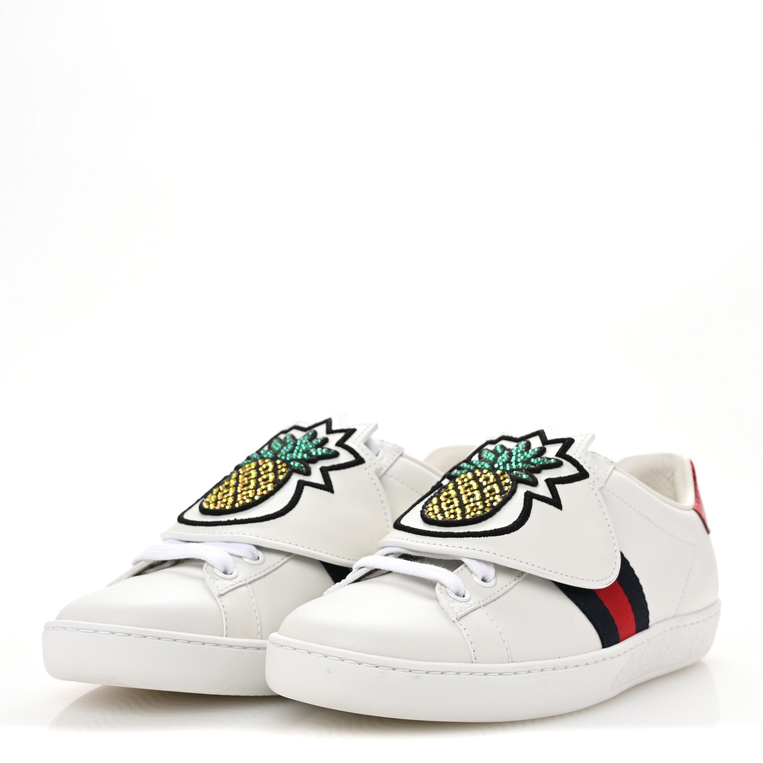 Gucci Calfskin Ayers Crystal Web Pineapple Embroidered Womens New Ace Sneakers 35.5 White 4 of 10