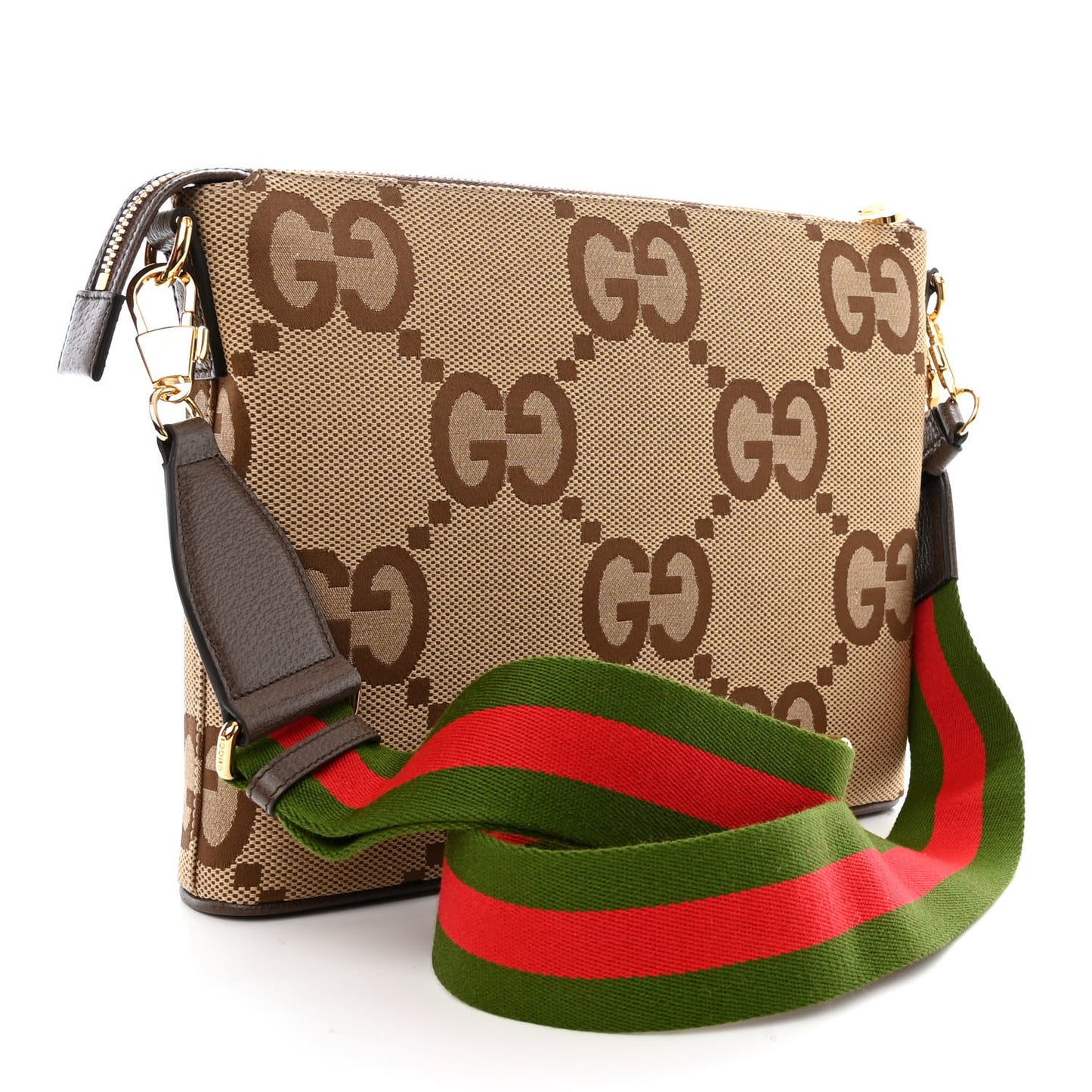 Monogram Jumbo GG Textured Dollar Calfskin Web Wristlet Messenger Bag Camel Ebony New Acero