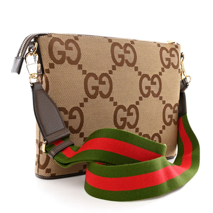 Gucci Monogram Jumbo GG Textured Dollar Calfskin Web Wristlet Messenger Bag Camel Ebony New Acero 3 of 11