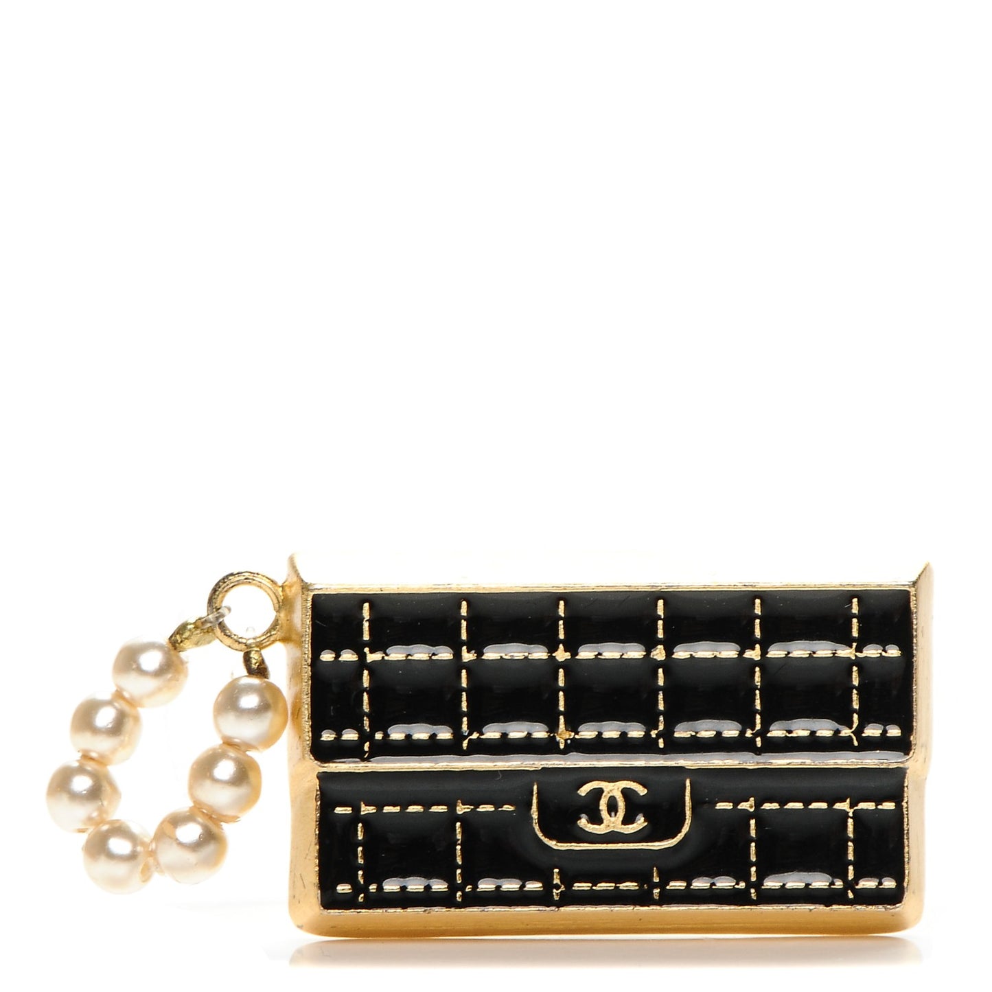Enamel Pearl CC Flap Bag Brooch Black Gold