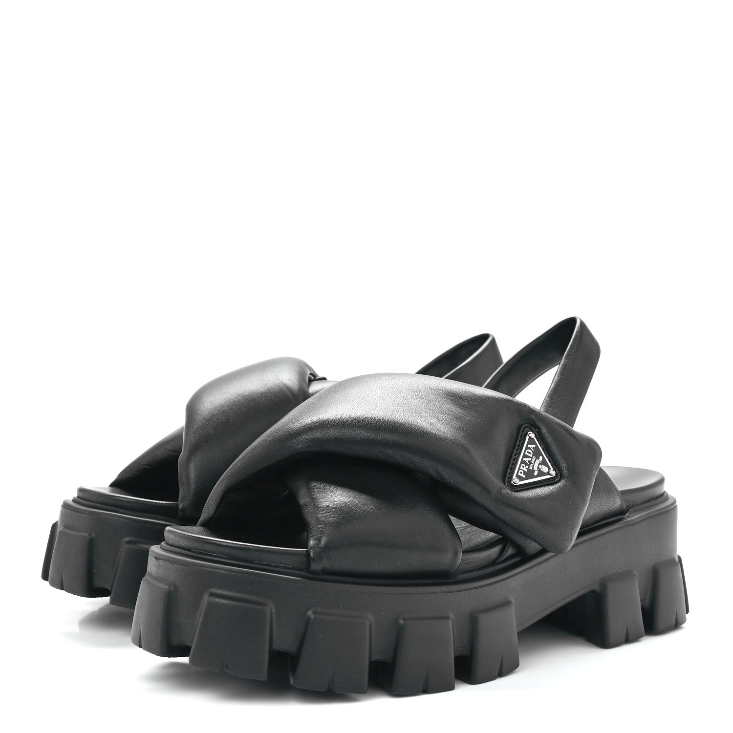 Prada Nappa Soft Metal Triangle Logo Padded Monolith 55mm Slingback Sandals 41 Black 3 of 9